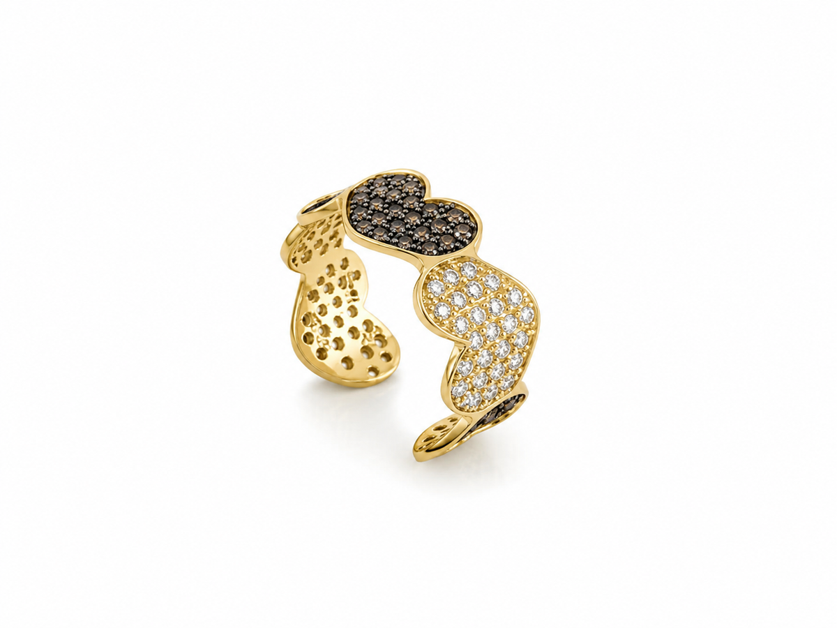 Nocturne Heart adjustable open ring in 18K yellow gold featuring brown and black diamonds on a white background.