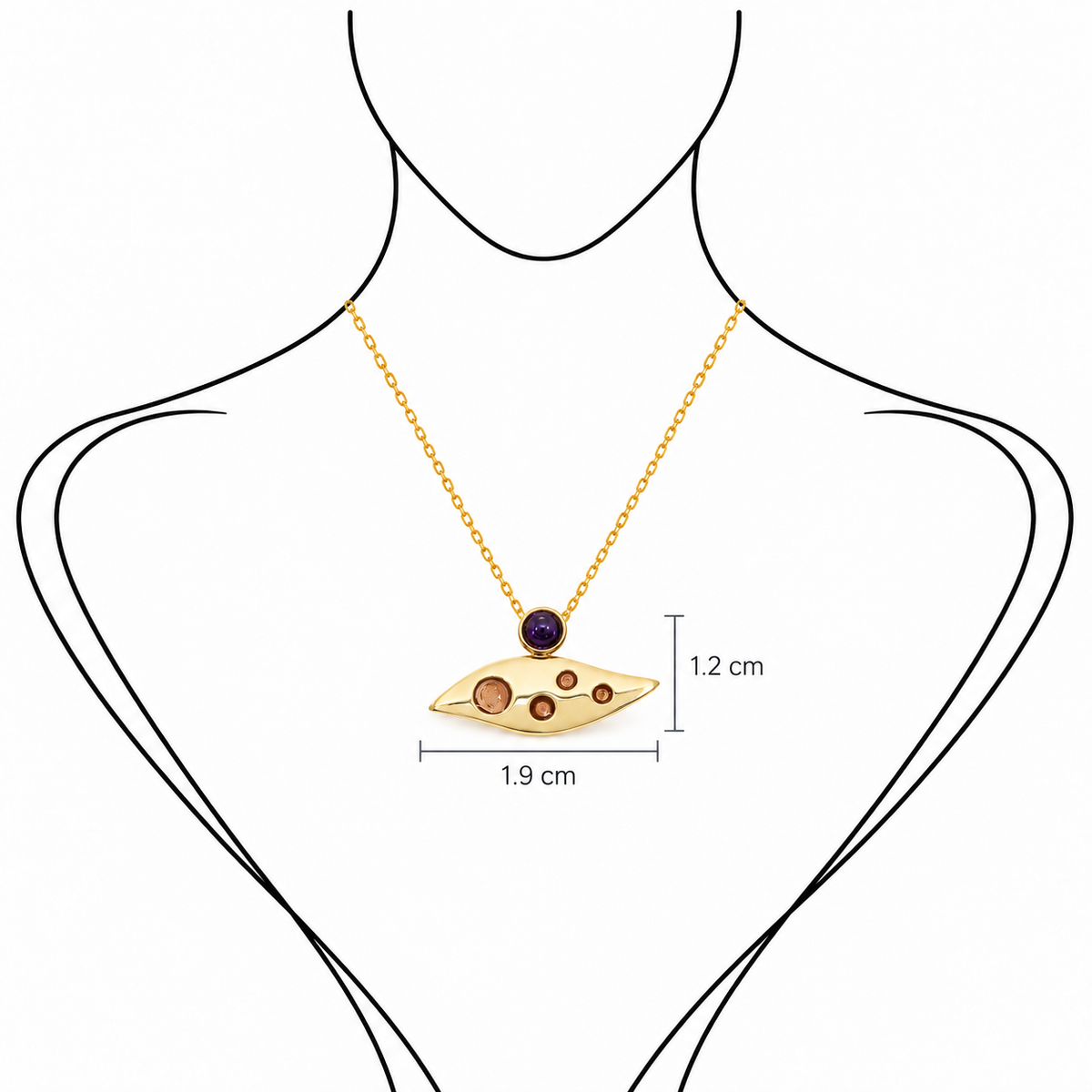 Molten Dot - 18K Gold Pendant with Iolite & Enamel by Bed of Stones Jewelry, illustration showing pendant placement