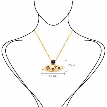 Molten Dot - 18K Gold Pendant with Iolite & Enamel by Bed of Stones Jewelry, illustration showing pendant placement