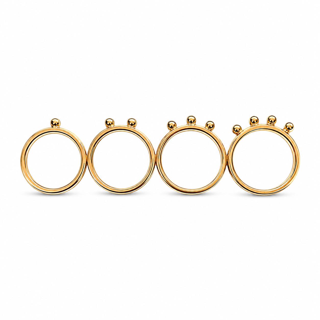 Gold-plated sterling silver four-finger connected ring featuring polished circular bands topped with graduated bead details.