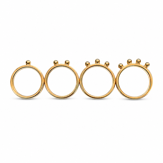 Gold-plated sterling silver four-finger connected ring featuring polished circular bands topped with graduated bead details.