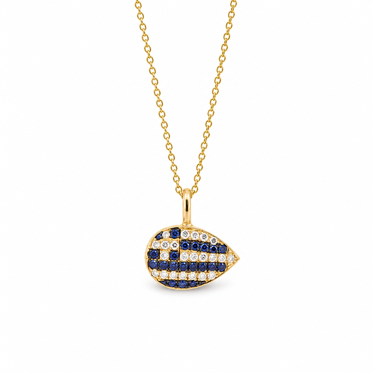 Aegean Drop - 18K Gold Greek Flag Pendant with Blue Sapphires & Diamonds by Bed of Stones Jewelry