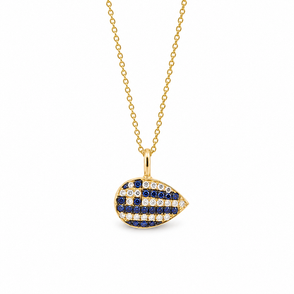 Aegean Drop - 18K Gold Greek Flag Pendant with Blue Sapphires & Diamonds by Bed of Stones Jewelry