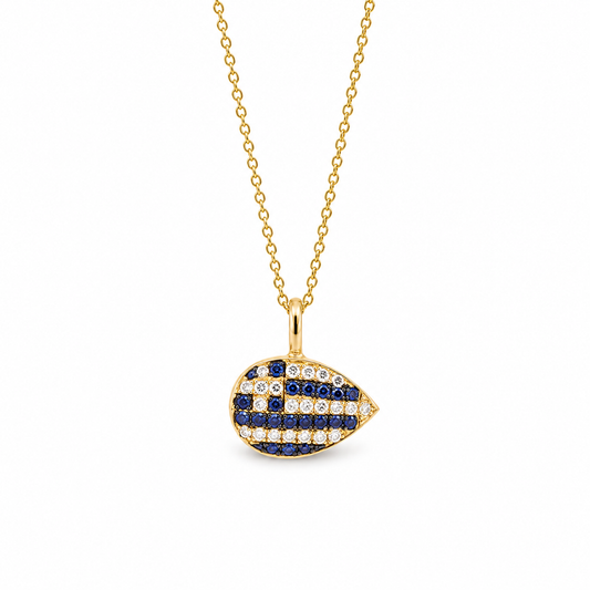 Aegean Drop - 18K Gold Greek Flag Pendant with Blue Sapphires & Diamonds by Bed of Stones Jewelry
