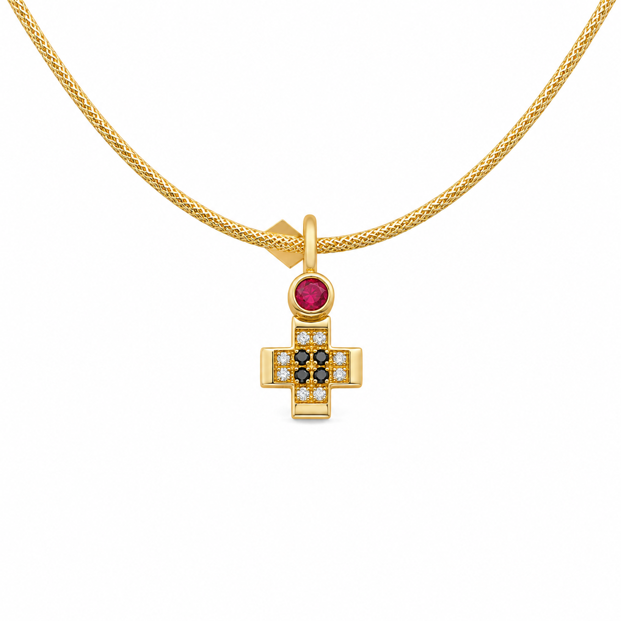 Pavé Gem Cross Pendant - 18K Gold with Ruby & Black &White Diamonds by Bed of Stones Jewelry
