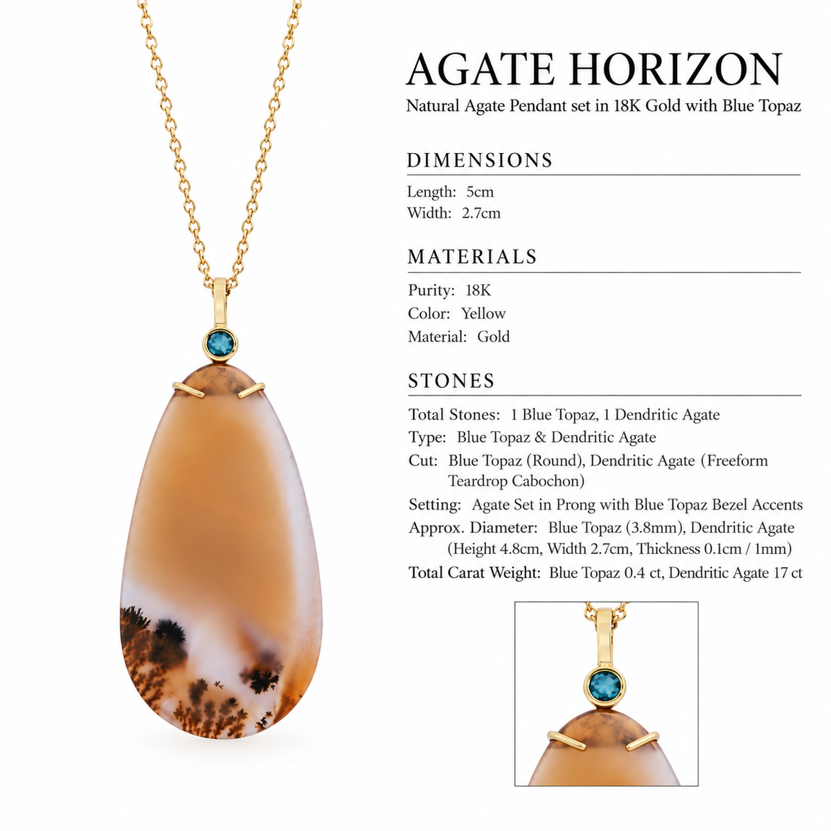 Agate Horizon - Natural Agate Pendant set in 18K Gold with Blue Topaz by Bed of Stones Jewelry, close-up of dendritic agate prong setting with blue topaz bezel accent and product dimensions and stone details diagram