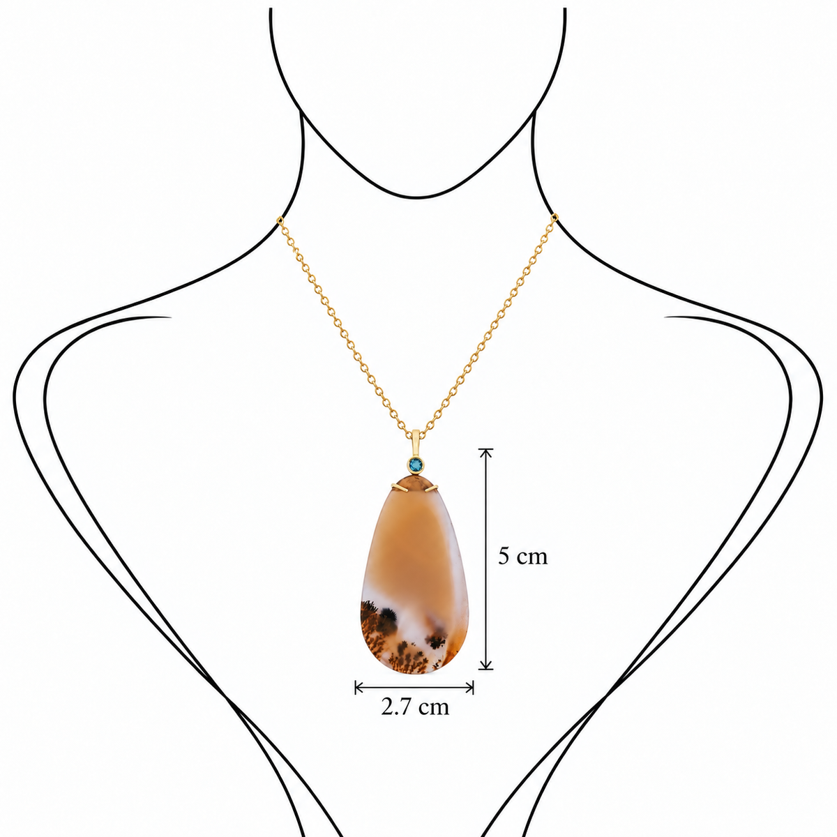 Agate Horizon - Natural Agate Pendant set in 18K Gold with Blue Topaz by Bed of Stones Jewelry, illustration showing pendant placement