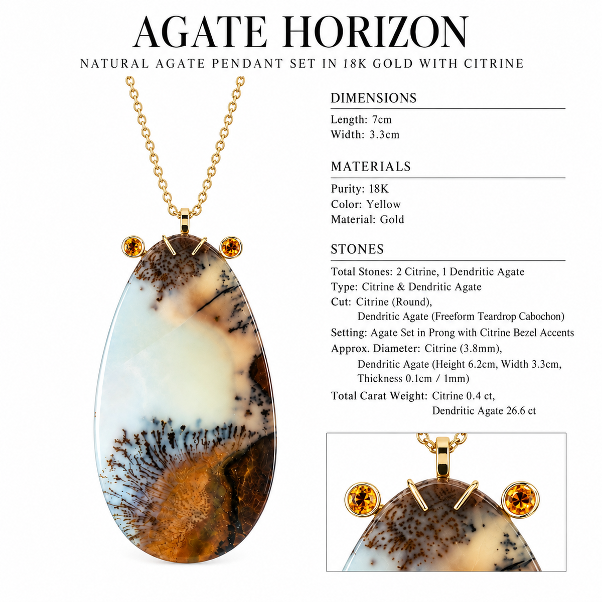 Agate Horizon - Natural Agate Pendant set in 18K Gold with Citrine by Bed of Stones Jewelry, close-up of dendritic agate prong setting with citrine bezel accents and product dimensions and stone details diagram