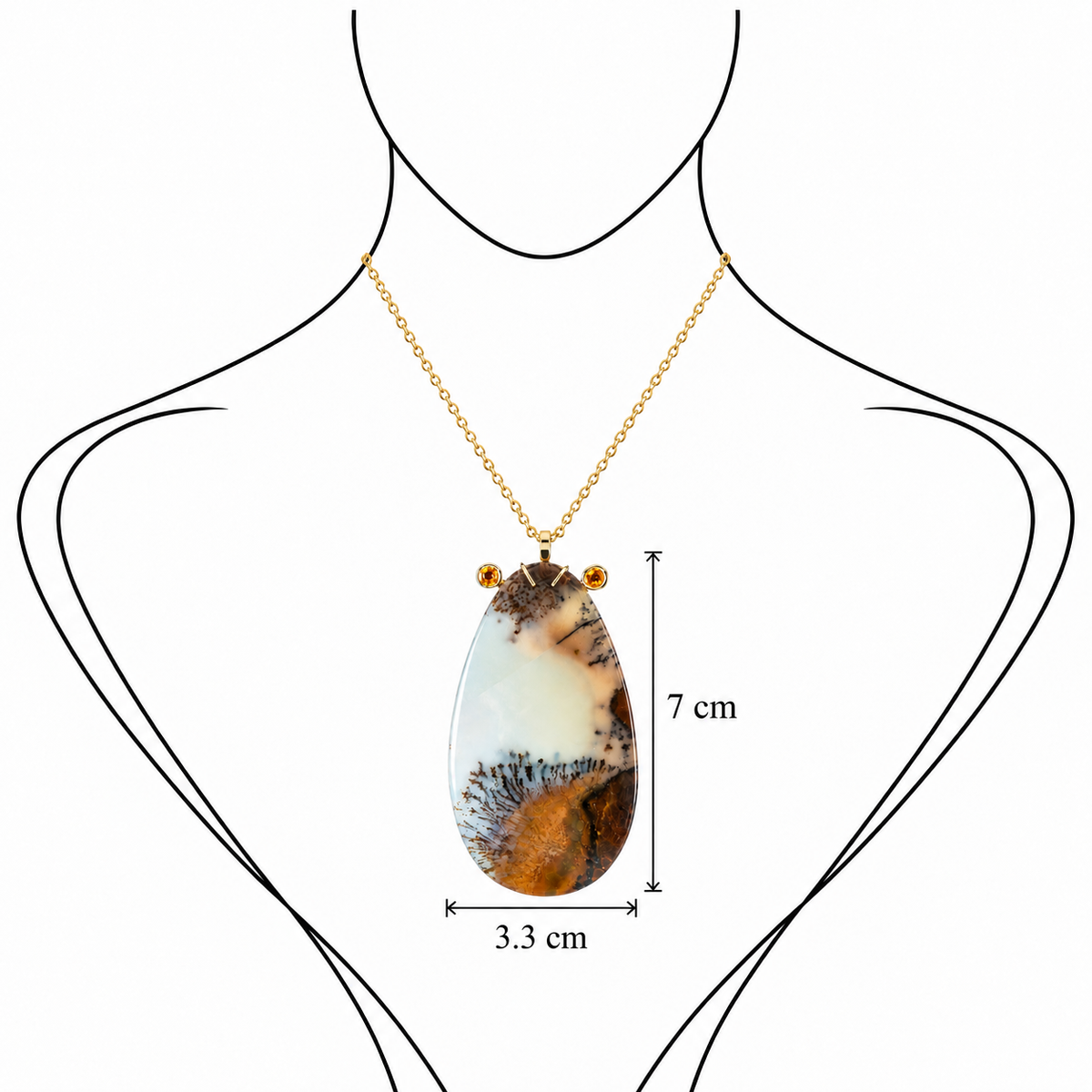 Agate Horizon - Natural Agate Pendant set in 18K Gold with Citrine by Bed of Stones Jewelry, illustration showing pendant placement