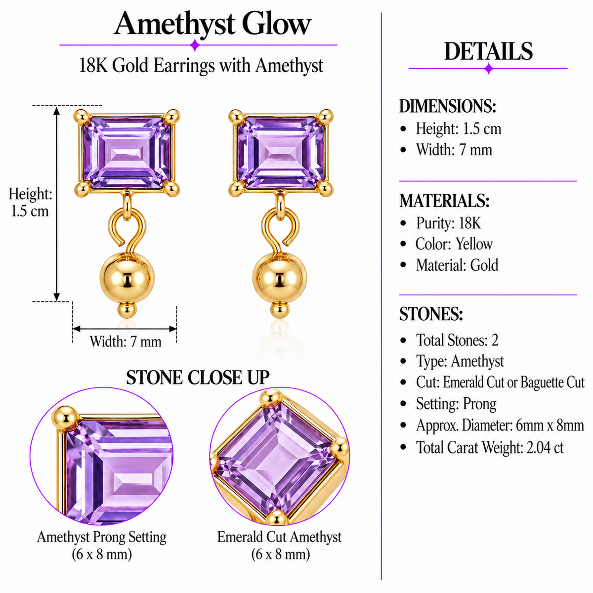 Amethyst Glow - 18K Gold Earrings with Amethyst by Bed of Stones Jewelry, product dimensions and stone details diagram