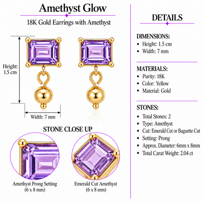 Amethyst Glow - 18K Gold Earrings with Amethyst by Bed of Stones Jewelry, product dimensions and stone details diagram