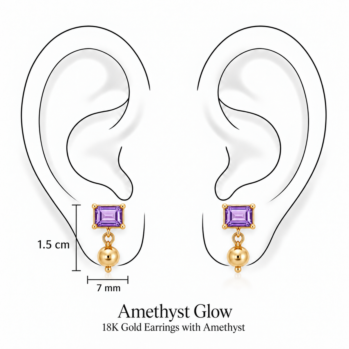 Amethyst Glow Earrings by Bed of Stones Jewelry, illustration showing ear placement