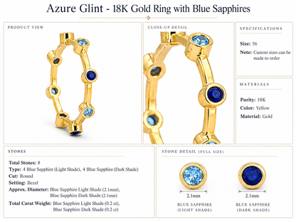 Azure Glint 18K gold blue sapphire ring product dimensions and stone details diagram