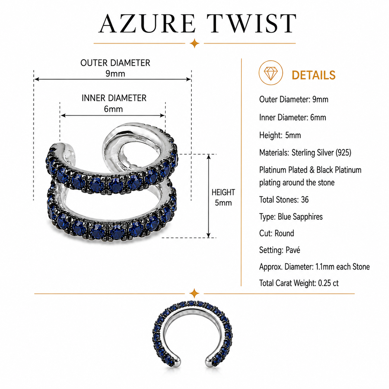 Azure Twist - Sterling Silver (925) Ear Cuff with Blue Sapphires by Bed of Stones Jewelry, product dimensions and stone details diagram