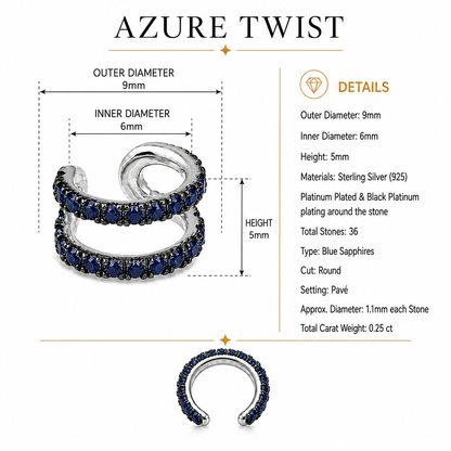Azure Twist - Sterling Silver (925) Ear Cuff with Blue Sapphires by Bed of Stones Jewelry, product dimensions and stone details diagram