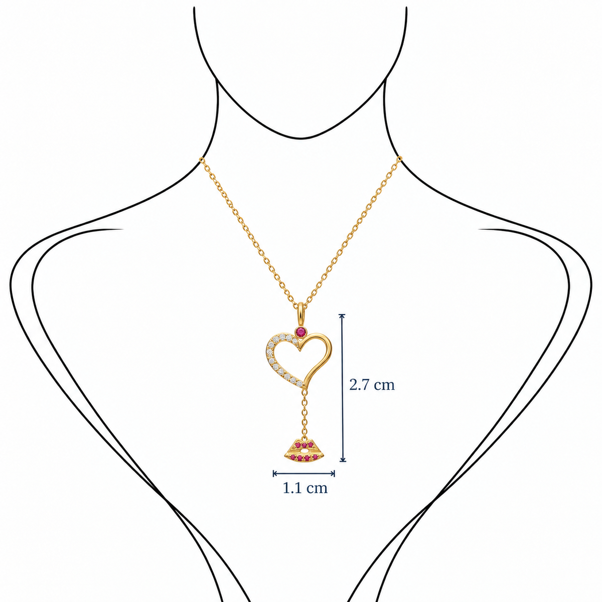Cosmic Love Drop - 18K Gold Pendant with Diamonds & Pink Sapphire by Bed of Stones Jewelry, illustration showing pendant placement