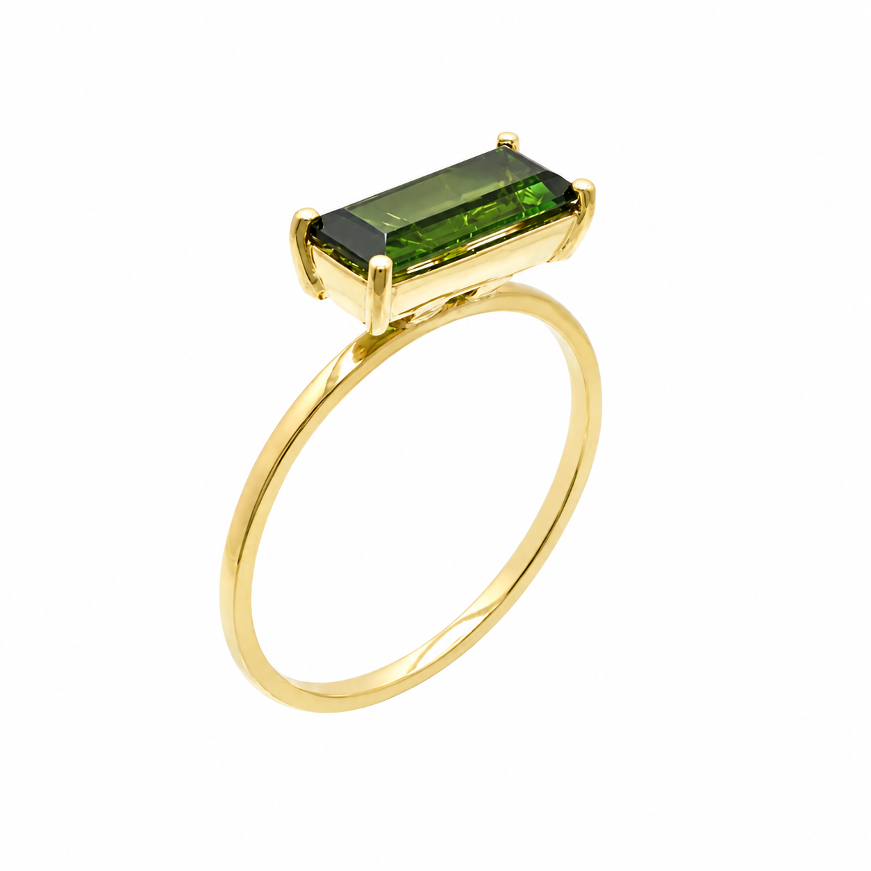 18K gold ring with a rectangular green tourmaline gemstone in a four-prong setting on a white background.