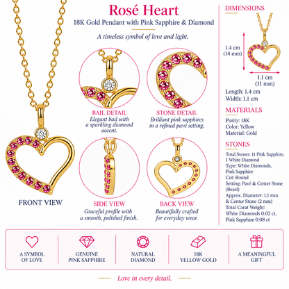 Rosé Heart - 18K Gold Pendant with Pink Sapphire & Diamond by Bed of Stones Jewelry, close-up of pink sapphire pavé and diamond bezel setting with product dimensions and stone details diagram
