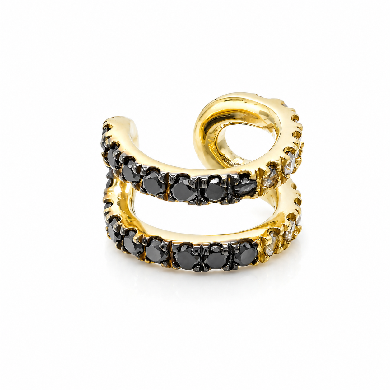 Black & White Blaze - 18K Gold Ear Cuff with Black & White Diamonds by Bed of Stones Jewelry
