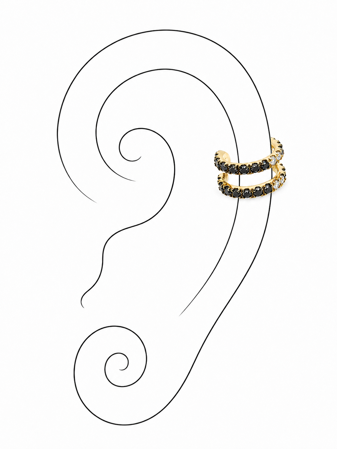 Black & White Blaze 18K Gold Ear Cuff by Bed of Stones Jewelry, illustration showing ear placement