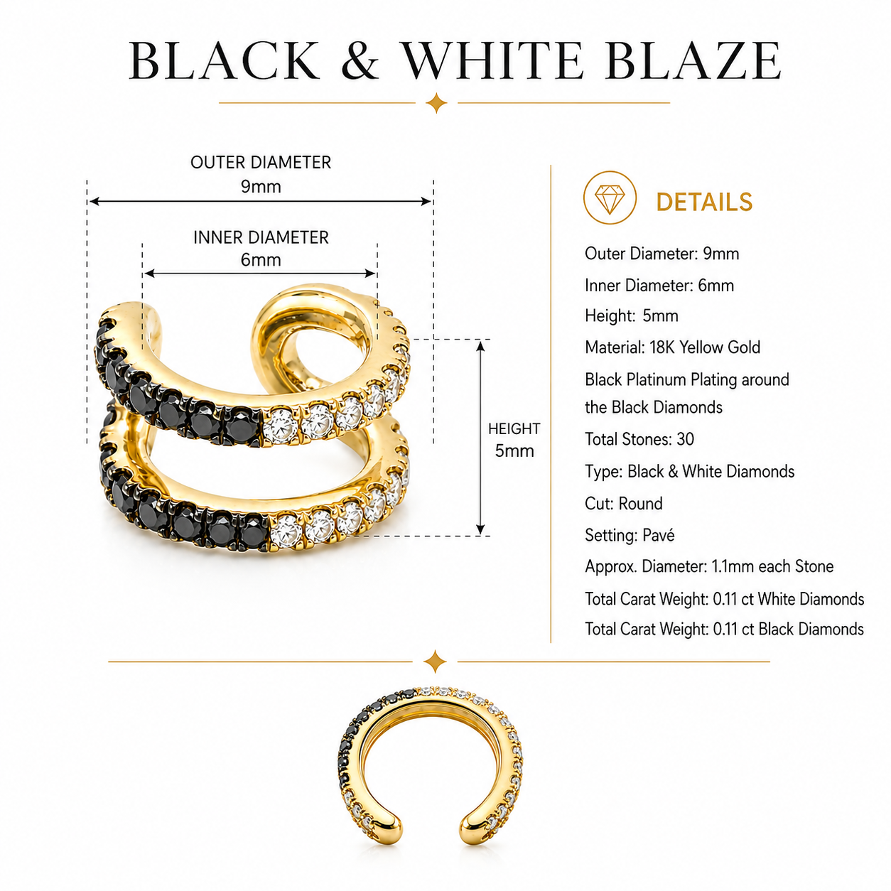 Black & White Blaze - 18K Gold Ear Cuff with Black & White Diamonds by Bed of Stones Jewelry, product dimensions and stone details diagram