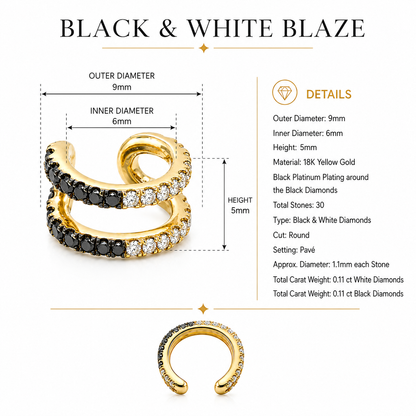 Black & White Blaze - 18K Gold Ear Cuff with Black & White Diamonds by Bed of Stones Jewelry, product dimensions and stone details diagram