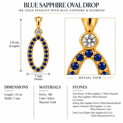 Blue Sapphire Oval Drop - 18K Gold Pendant with Blue Sapphire & Diamond by Bed of Stones Jewelry, close-up of blue sapphire pavé and diamond bezel setting with product dimensions and stone details diagram