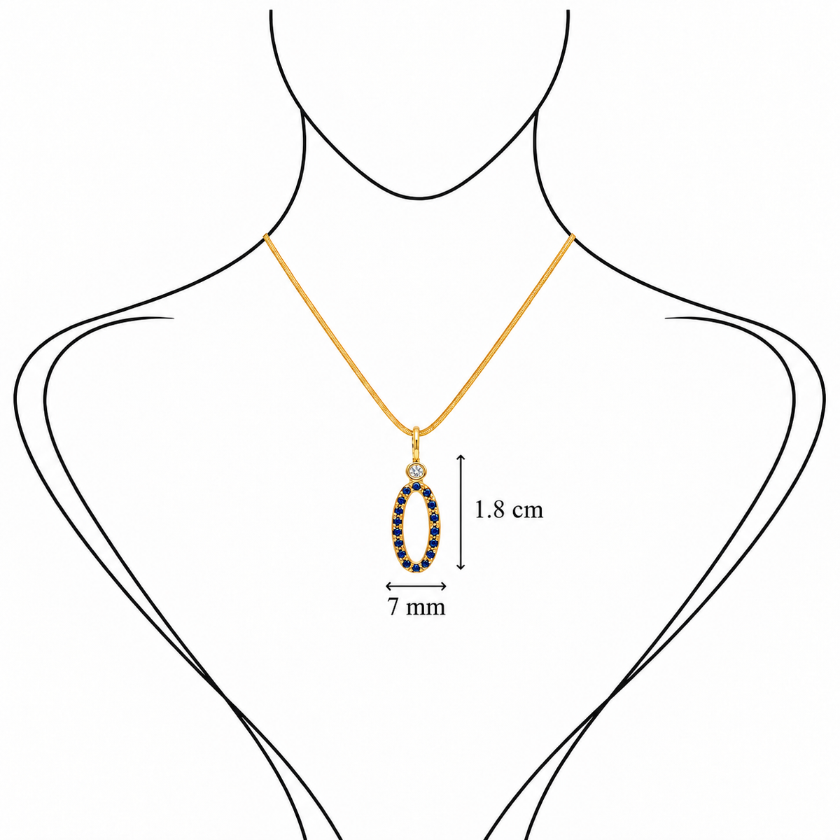 Blue Sapphire Oval Drop - 18K Gold Pendant with Blue Sapphire & Diamond by Bed of Stones Jewelry, illustration showing pendant placement