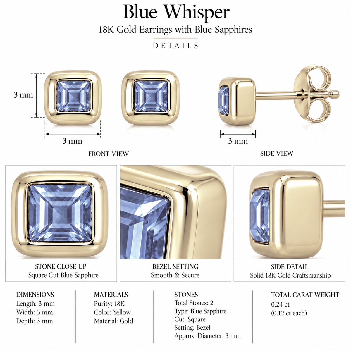 Blue Whisper - 18K Gold Earrings with Blue Sapphires by Bed of Stones Jewelry, product dimensions and stone details diagram