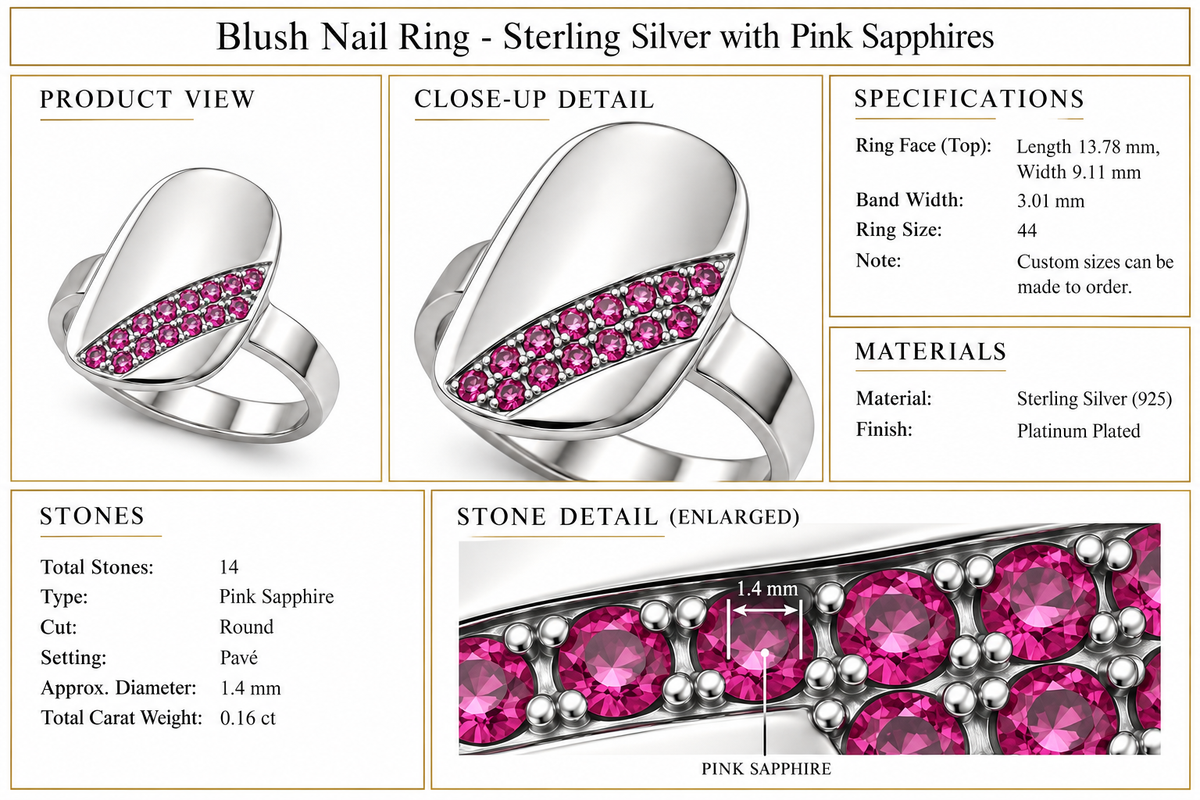 Blush Nail Ring - Sterling Silver with Pink Sapphires by Bed of Stones Jewelry, product dimensions and stone details diagram