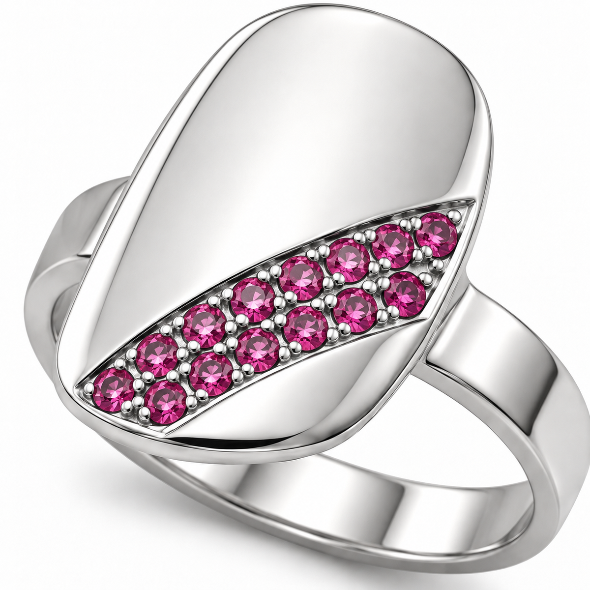 Close-up of round-cut pink sapphire pavé setting on Blush Nail Ring Sterling Silver by Bed of Stones Jewelry