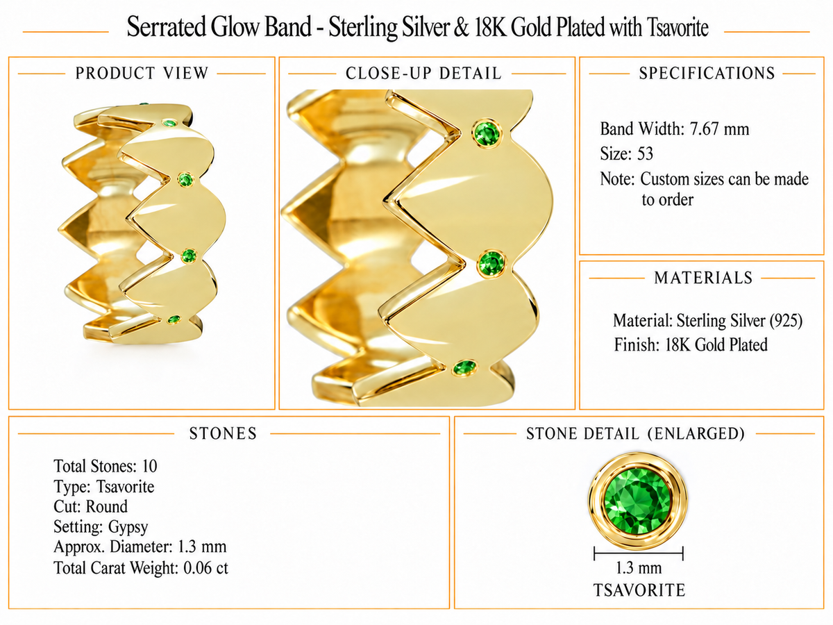 Serrated Glow Band - Sterling Silver & 18K Gold Plated with Tsavorite by Bed of Stones Jewelry, product dimensions and stone details diagram