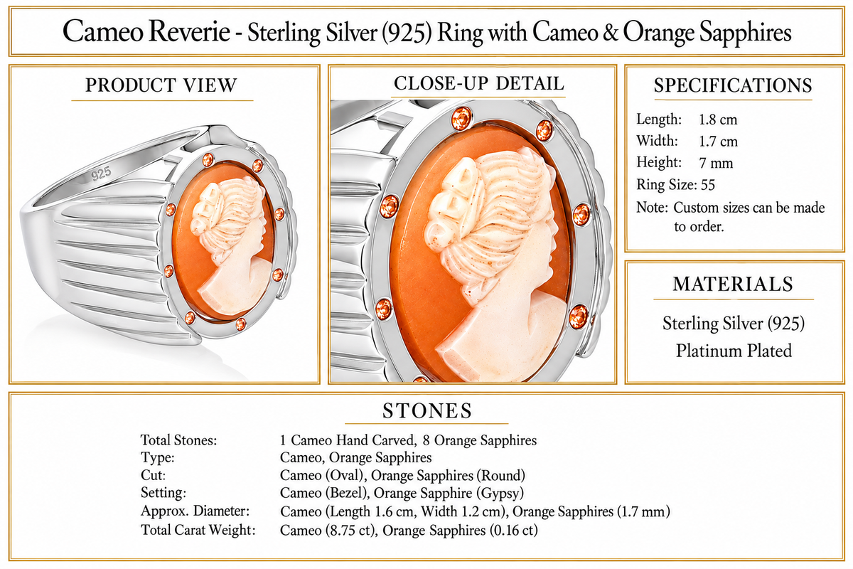 Cameo Reverie - Sterling Silver (925) Ring with Cameo & Orange Sapphires by Bed of Stones Jewelry, product dimensions and stone details diagram