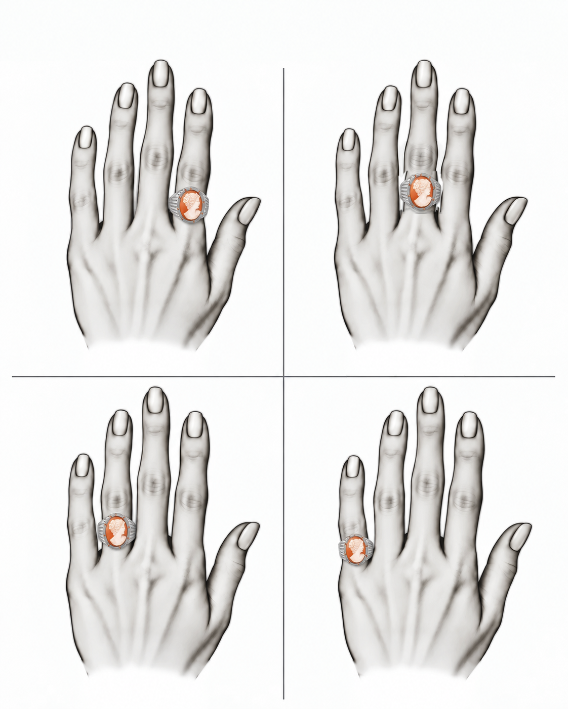 Cameo Reverie - Sterling Silver (925) Ring with Cameo & Orange Sapphires by Bed of Stones Jewelry, illustration showing ring placement