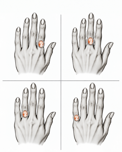 Cameo Reverie - Sterling Silver (925) Ring with Cameo & Orange Sapphires by Bed of Stones Jewelry, illustration showing ring placement