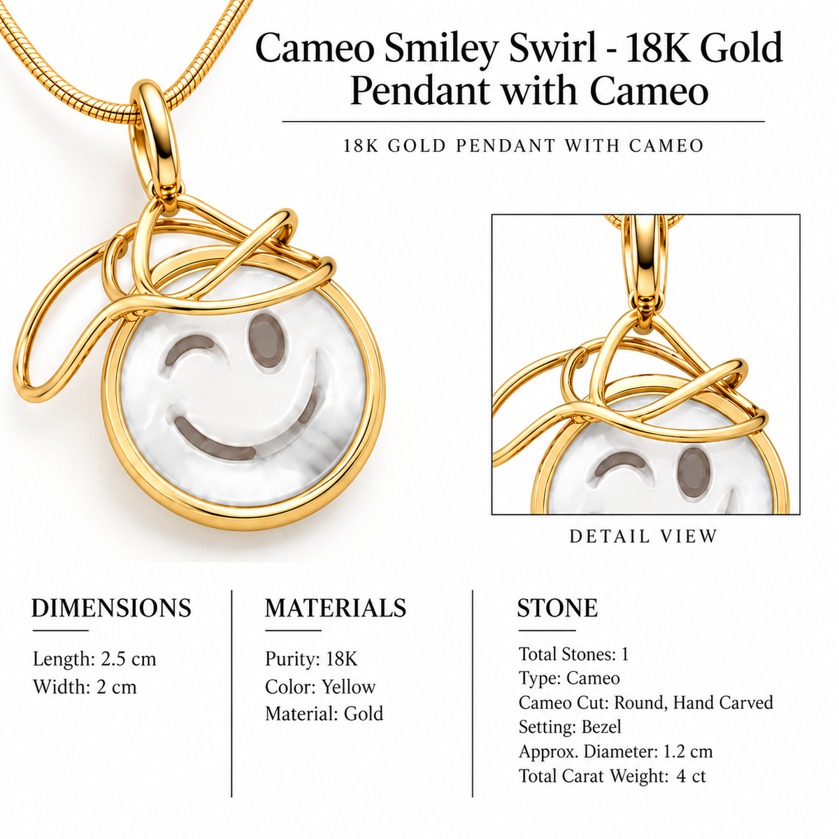 Cameo Smiley Swirl - 18K Gold Pendant with Cameo by Bed of Stones Jewelry, close-up of hand-carved cameo bezel setting with product dimensions and stone details diagram