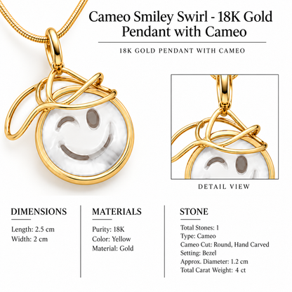 Cameo Smiley Swirl - 18K Gold Pendant with Cameo by Bed of Stones Jewelry, close-up of hand-carved cameo bezel setting with product dimensions and stone details diagram