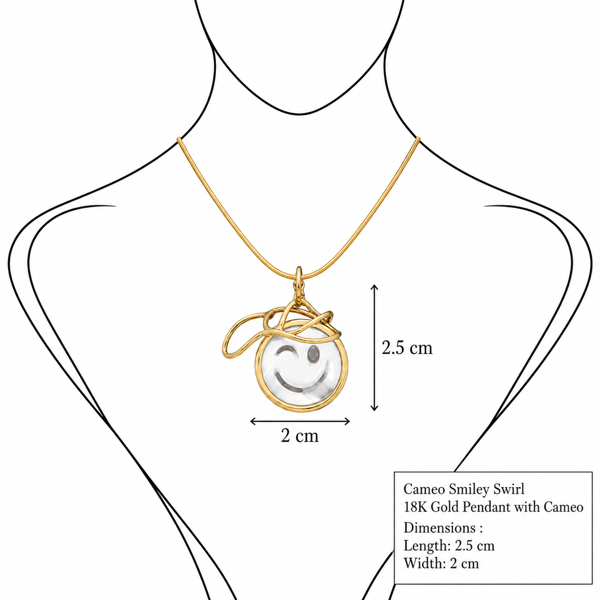 Cameo Smiley Swirl - 18K Gold Pendant with Cameo by Bed of Stones Jewelry, illustration showing pendant placement