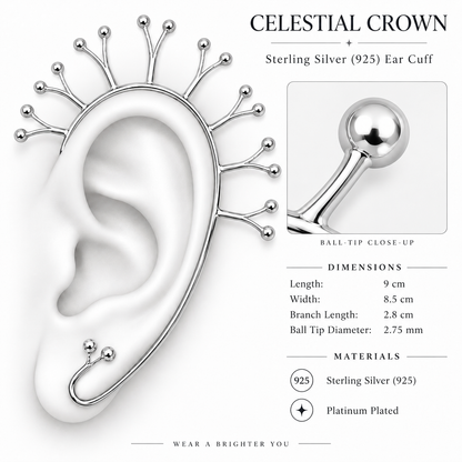 Celestial Crown - Sterling Silver (925) Ear Cuff by Bed of Stones Jewelry, product dimensions diagram