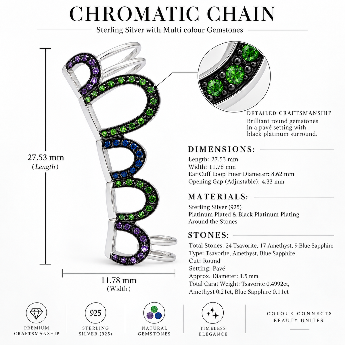 Chromatic Chain Ear Cuff - Sterling Silver with Multi Colour Gemstones by Bed of Stones Jewelry, product dimensions and stone details diagram