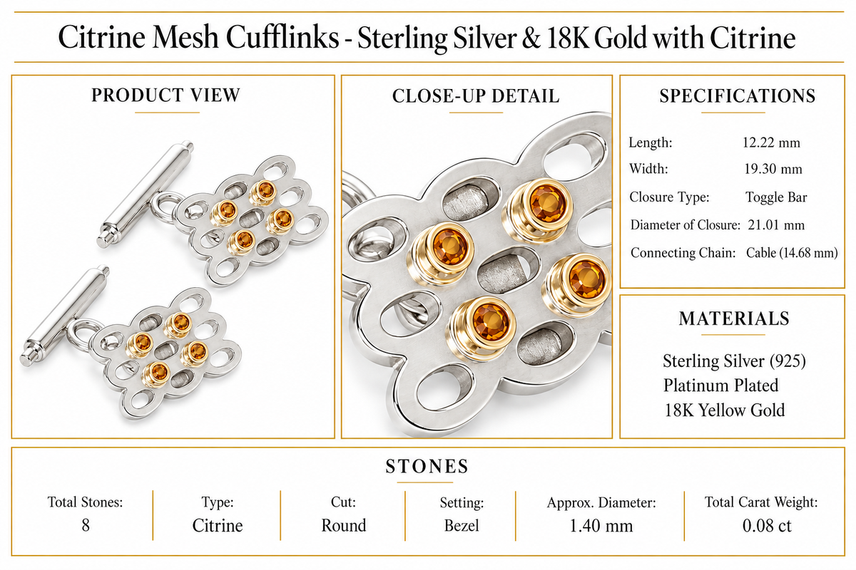 Citrine Mesh Cufflinks - Sterling Silver & 18K Gold with Citrine by Bed of Stones Jewelry, product dimensions and stone details diagram
