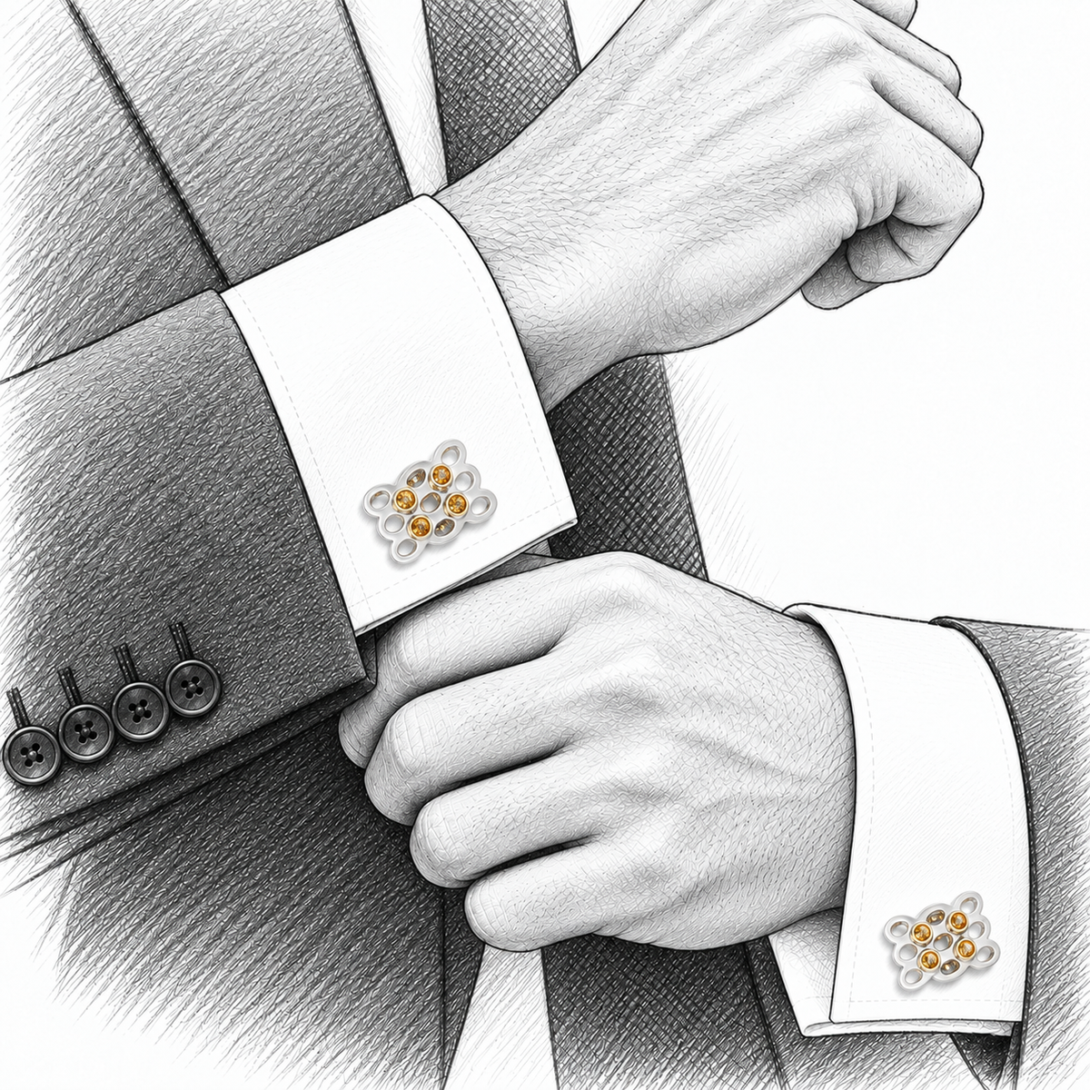 Citrine Mesh Cufflinks - Sterling Silver & 18K Gold with Citrine by Bed of Stones Jewelry, illustration showing cufflink placement