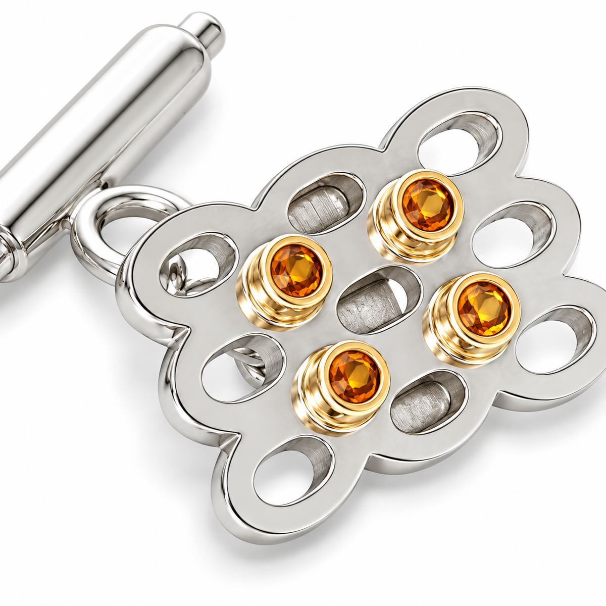 Close-up of round-cut citrine bezel setting on Citrine Mesh Cufflinks Sterling Silver & 18K Gold by Bed of Stones Jewelry