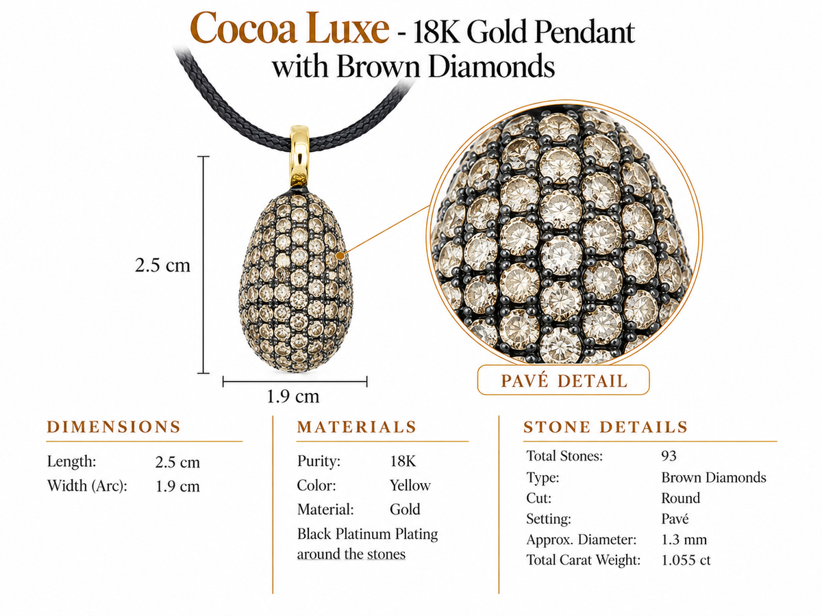 Cocoa Luxe - 18K Gold Pendant with Brown Diamonds by Bed of Stones Jewelry, close-up of brown diamond pavé setting with product dimensions and stone details diagram
