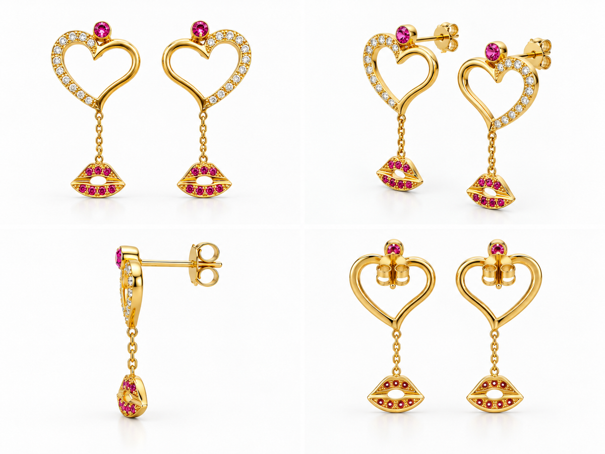 Cosmic Love Drops - 18K Gold Earrings with Diamonds & Pink Sapphires by Bed of Stones Jewelry, multi-angle product view