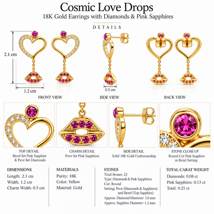 Cosmic Love Drops - 18K Gold Earrings with Diamonds & Pink Sapphires by Bed of Stones Jewelry, product dimensions and stone details diagram