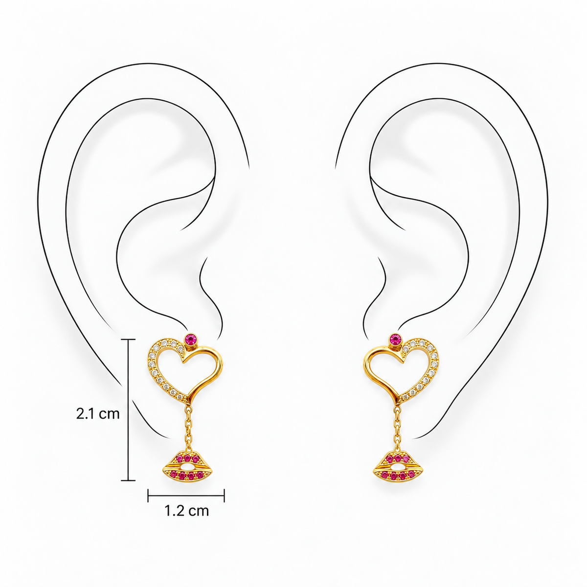 Cosmic Love Drops Earrings by Bed of Stones Jewelry, illustration showing ear placement