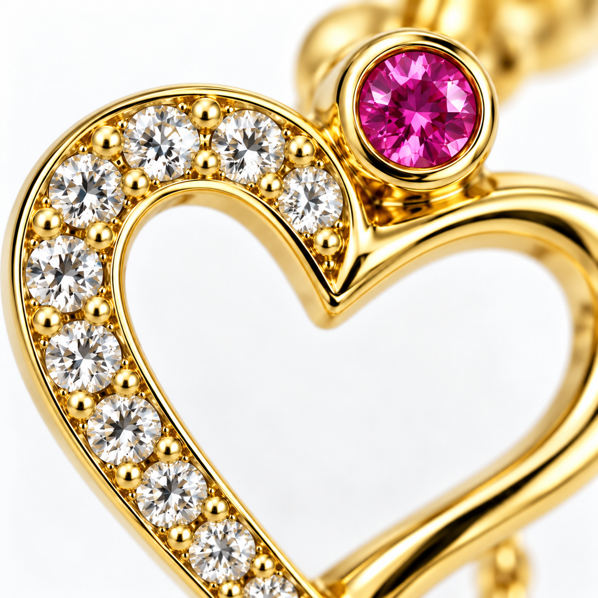 Close-up of diamond pavé and pink sapphire bezel setting on Cosmic Love Drops Earrings by Bed of Stones Jewelry