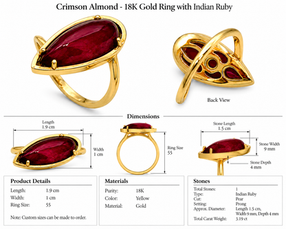 Crimson Almond - 18K Gold Ring with Indian Ruby by Bed of Stones Jewelry, close-up of pear-cut Indian ruby prong setting with product dimensions and stone details diagram