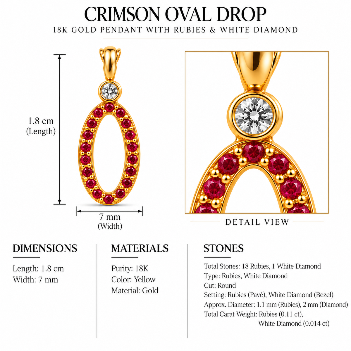 Crimson Oval Drop - 18K Gold Pendant with Rubies & White Diamonds by Bed of Stones Jewelry, close-up of ruby pavé and white diamond bezel setting with product dimensions and stone details diagram